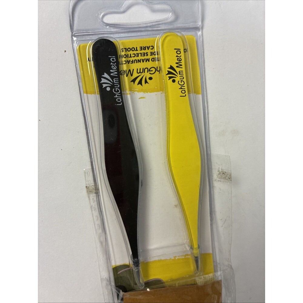 LahGum Metal 2 PK Facial Tweezers Super Sharp Pointed Ingrown Hair Yellow Black